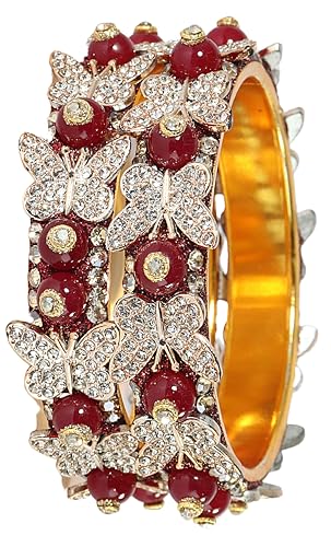 Image of LAVAZZA Stylish Butterfly Design Golden Metal with Zircon Diamond & Pearls Moti Bangles Kada For Women & Girls | Traditional Girl's Bangles Bracelet | Women's Kangan Wedding, Party-Set of 2