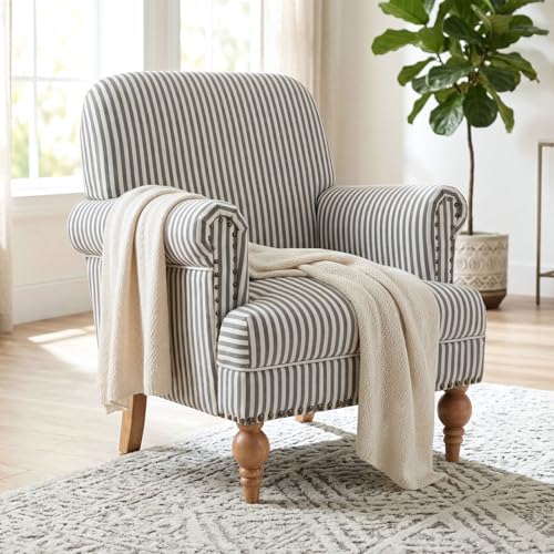 DM Furniture Black Striped Linen Fabric Accent Chair, Modern Farmhouse Upholstered Armchair with Nailhead Trim & Ball Turned Wood Legs, Cottage Club Chair for Living Room Bedroom Guest Room