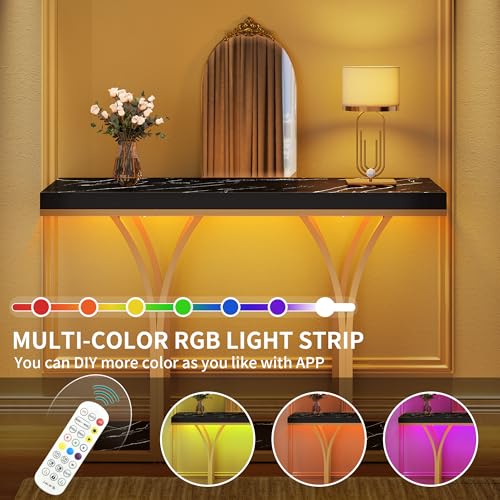 DWVO Gold LED Lit Modern 39-Inch Wide Console Table - Narrow Marble Top Foyer Furniture for Entryway, Hallway & Living Room Accent (Black)
