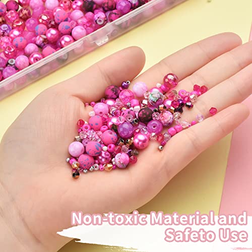 Image of Rired 27 8mm Round Glass Beads Kit, Craft Beads for Bracelet Making, Hot Pink Color with 4mm Bicone Crystal Beads, 2-4mm Spacer Seed Beads for Jewelry Making, Necklace, Phone Charms, DIY Earrings