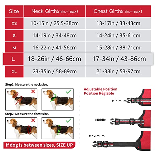 HEELE Hundegeschirr, Zugentlastung, reflektierend, mit gepolstertem Griff, Kontrolle, 2 Metallringe, Geschirr für kleine mittelgroße und große Hunde, Rot, L