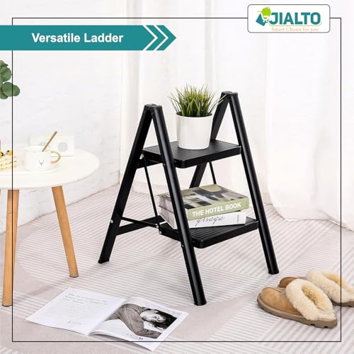 Image of JIALTO 2 Step Metal Ladder for Home, Foldable Lightweight Stepping Stool with Wide Pedals, Anti Slip Heavy Duty 150 Kg Capacity, Portable for Kitchen, Office & Library (Black)