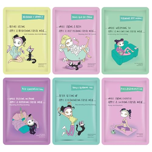 6PCS Sheet Masks, Face Masks Skincare, Face Mask Set for Teenage Girls Sheet Face Masks Beauty, Hydrate Brighten Moisturize Soothe Anti-aging Multipack