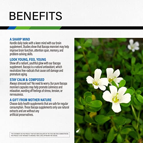 Bacopa Capsules - Organic Brahmi Herbal Supplement For Natural Stress Relief, Antioxidant Support, Memory & Brain Health, Cognitive Function - Non-Gmo Formula - 1000Mg, 100 Veggie Caps #TOP2