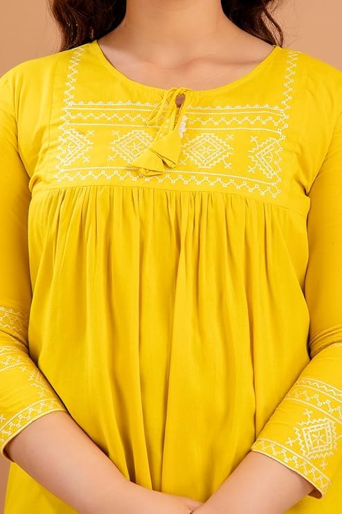 Image of Avayayat Short Kurti for Women | Embroidered Straight Rayon Kurta | Round Neck Full Sleeves Short Kurti for Women's