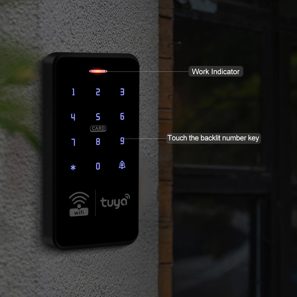 Tuya Wasserdichtes Zugangskontrollsystem für den Außenbereich, kabellos, WLAN, RFID-Passwort-Tastatur, Touch-Hintergrundbeleuchtung, Controller + 15 Stück 125 kHz Schlüsselanhänger + 180 kg