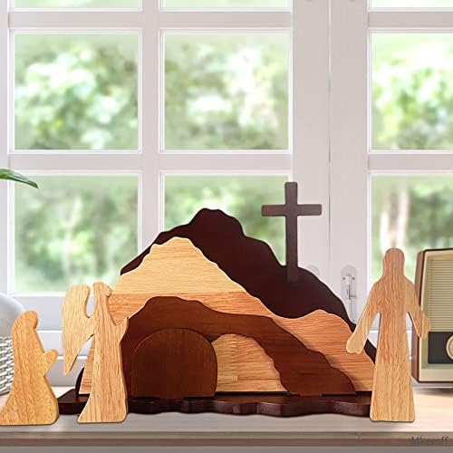 Mkemff 9Pcs Easter Scene Wooden Decoration Christian Decor Gifts Empty Tomb Easter Decor Nativity Scene Set Gift The Empty Tomb Easter Scene and Cross Figurines Spring Decor Easter Crafts