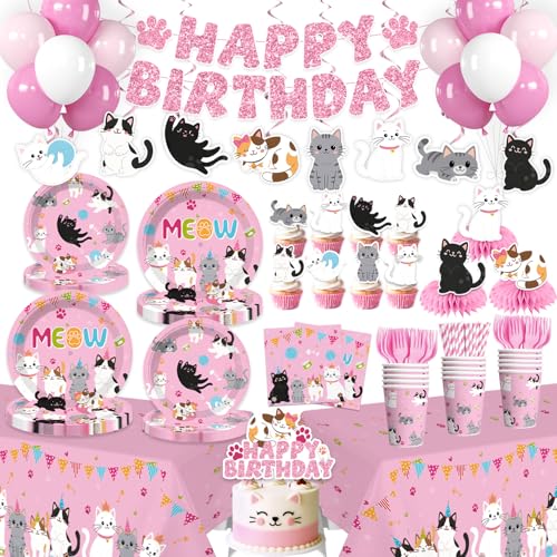 Yingoto 213pcs Cat Birthday Decorations, Complete Paper Tableware Set Includes