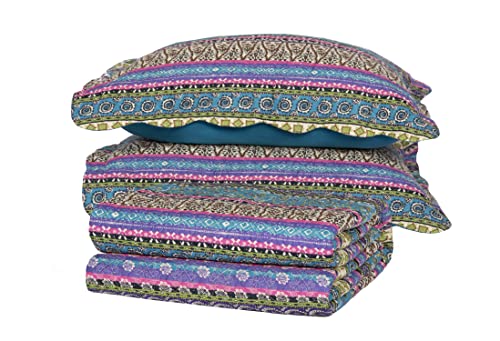 Chezmoi Collection Odette 3-Piece Boho Chic Blue Pink And Purple Pre-Washed 100% Cotton Bohemian Bedspread Quilt Set, King Size #TOP7