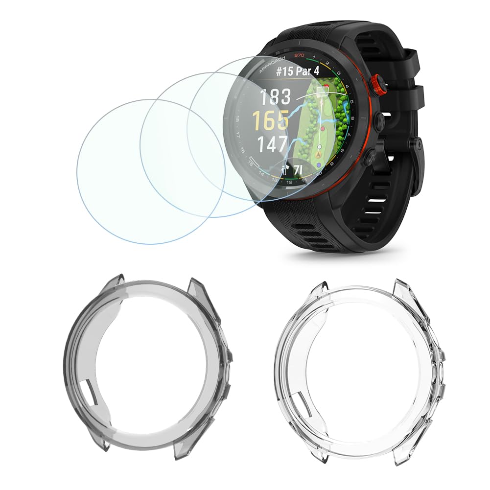 FCMEDZI Smartwatch Compatible for Garmin Approach s70 Screen Protector, Case TPU Soft Frame Cover and Tempered Glass Protective Film (Pack of 3+2) (