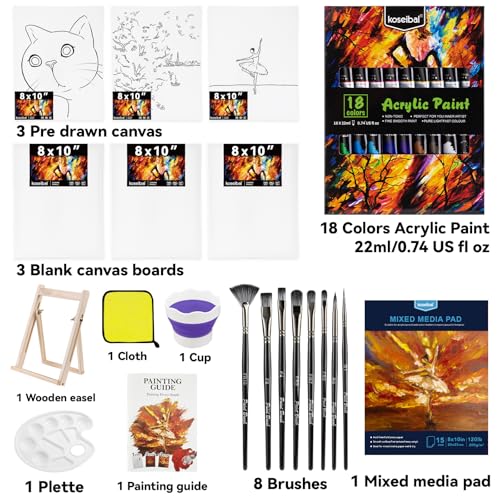 koseibal Acrylic Paint Set for Adults & Kids - 37PCS Art Painting Supplies Kit with 18 Colors Acrylic Paint, 8 Paint Brushes,6 Canvas Panels, Wooden Easel,Palette, Painting Pad - Image 2