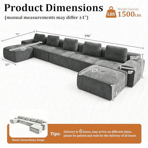 Image of 196 inch U Shaped Oversized Boneless Couch, Comfort Cloud Sectional Couches for Living Room, Modular Sofa High Back & Extra Deep Seat, No Assembly, Soft Chenille (Dark Grey, 196 inch-U shaped(5+2))