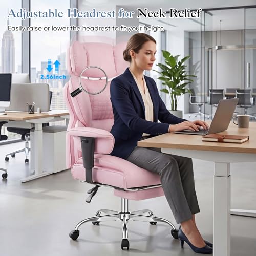 Image of DUMOS Big and Tall Home Office Desk Chair, Ergonomic Executive Chair with Footrest, Computer Gaming Chairs with High Back Reclining, Adjustable Armrests and Comfy Lumbar Support, PU Leather, Pink
