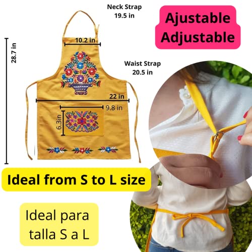 Mexican Yellow Apron Women, Mexico Kitchen Restaurant Emboridery Flower ,100% Cotton Pinafore With Neck Strap, Taco Tuesday Cinco De Mayo Waitress Chef Grill Bake Bbq Tamale Guacamole Avocado Nachos #TOP2