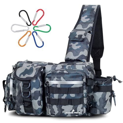 PYKES PEAK Fishing Bag | Waterproof Tackle Bag with Large Capacity | Includes 6 Carabiners | Versatile Fishing Shoulder Bag | Olive | L Size - Designed in Japan