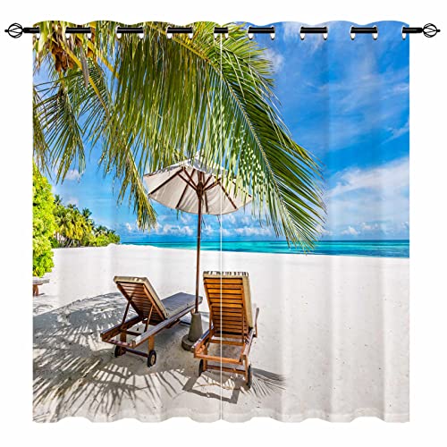 YUANZU Beach Scene Curtains - Tropical Nature with Lounge Chairs Palm Trees Print Pattern Eyelet Thermal & Room Darkening Blackout Window Drapes for Bedroom Living Room 2 Panels W117cm x D137cm