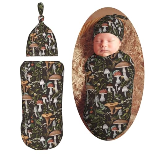 Image of Muishi Mushroom Leaves Newborn Swaddle Blankets Hat Sets Soft Baby Receiving Blanket Swaddle Sack for Baby Shower Infant Boy Girl Gift