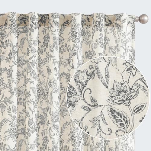 jinchan Floral Linen Blend Curtains for Living Room Black French Country Farmhouse 63 Inch Long Light Filtering Semi Sheer Kitchen Window Back Tab Curtains 2 Panels