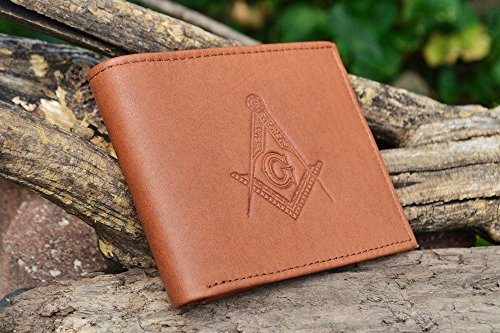 One (1) Masonic Tan Brown leather Wallet with Masonic Compass and Square. Multiple pockets and ID compartments - wallet for Freemasons LW-103-TAN2