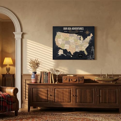 Image of IPIC - Vintage USA Travel Map, Pin Board Canvas Wall Art, Travel Map with Pins Included, Ready to Hang for Home or Office, 30x24 Inch