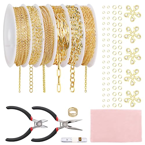 Fesorsi Gold Necklace Chain for Jewelry Making, 46ft 6 Style Rolled Steel DIY Jewelry Chain Roll Bracelet Bulk Link Plated Permanent for Earring Anklet Craft with Jump Ring, Lobster Clasp, Pliers