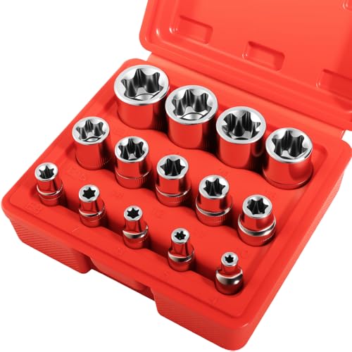 DSBYKJ 14-Piece E-TORX Socket Set - Premium Female Torx Socket Set, Ultimate Torque Star Sockets, External Torx Sockets, E4 E5 E6 E7 E8 E10 E11 E12 E14 E16 E18 E20 E22 E24