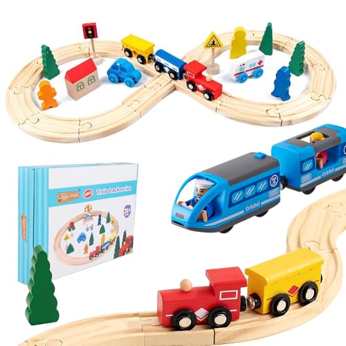 Hojalis Trenino Legno, Set Di 35 PCS Ferrovia In Legno, Pista Treno Legnos Con Treno Elettrico, Figure Umane, Treni In Legnos Per 3 4 5 6 Anni Regalo Trenos Giocattolo Per Ragazzi E Ragazze