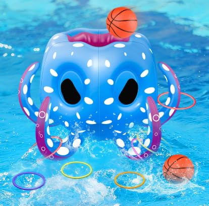 LTFIOON Uppblåsbar bläckfisk för pool, 2 i 1 uppblåsbart vattenspel med basketkorg och ringkast, flytande leksak för barn och vuxna – komplett set med bollar, ringar och pump