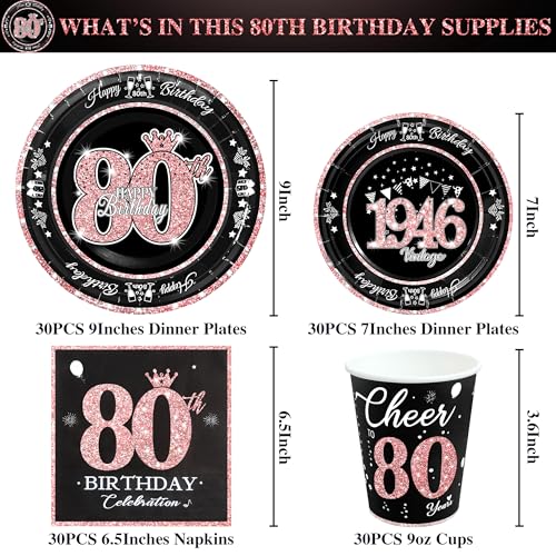 Image of 80th Birthday Decorations Rose Gold, Service for 30, Vintage 80th Birthday Party Supplies Includes Rose Gold 1946 Plates, Napkins,Cups, Plates and Napkins for Women