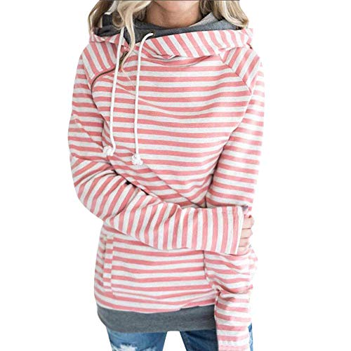 Smallgirl Felpa da Donna con Cappuccio, vestibilità Regolare e Comfort, Stile Casual, a Righe Stampate, con Cerniera Laterale, con Tasca, Rosa, XXL