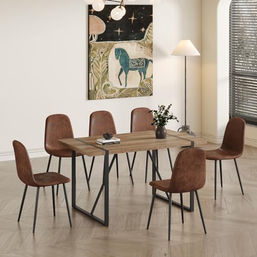 UELKS 6 Chair Dining Table Set，Dinner Table Set for 6, 55'' Kitchen Table and Suede Nap Fabic Chairs Set of 6, 7 Piece Dining Table Set for Kitchen Dining Room