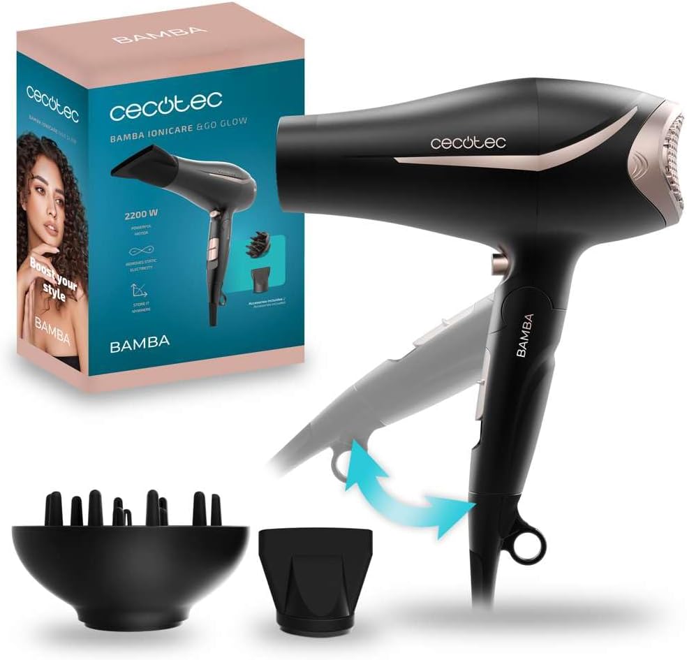 Cecotec Bamba IoniCare &Go Glow: Secador Plegable 2200W con Ion, Aire Frío y Accesorios 3 Cecotec Secador Pelo Plegable Bamba IoniCare &Go Glow. Potencia 2200W, Ion Real, Función Aire frío, Tecnología Hair Care, 2 Velocidades y 3 Temperaturas, Incluye Boquilla de Precisión y Difusor - ¿Vale la pena?