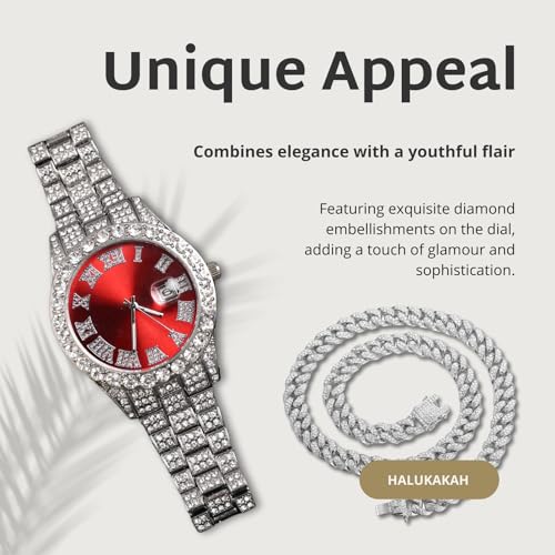 Image of Halukakah Diamonds Gold Watch Iced Out for Boy Teens Kids - 18K Real Gold /Platinum Plated,42mm Blue /Green /Red Dial,Japanese Quartz - 8 inch Length - Optional with Cuban Link Chain,with Watch Adjuster Tool