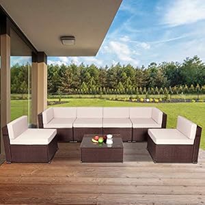 U-MAX 7 Piece Patio PE Rattan Wicker Sofa Set Outdoor Sectional Furniture Chair Set with Cushions and Tea Table, Brown