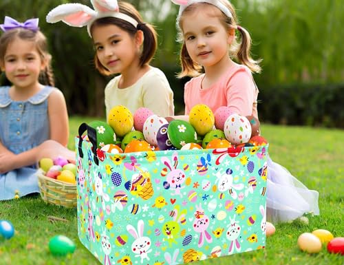 Image of Large Rectangular Easter Baskets Empty Waterproof Boy Toy Box Foldable Kid's Gifts Storage Bin Spring Room Decor(Green Dancing Rabbit)