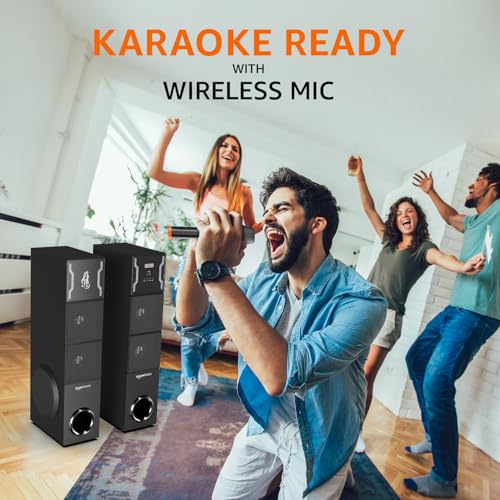 Image of Amazon Basics 2.0CH 125W Multimedia Tower Speakers with Wireless Microphone, Multi-Connectivity Option with Supporting USB, AUX, FM, Mic (Black)