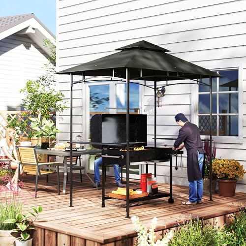Outsunny 2.4 x 1.5 m (8' x 5') Grill Gazebo Canopy with LED Lights, Double Tiered Outdoor BBQ Gazebo Shelter with 2 Side Shelves, Storage Basket and Hooks for Garden, Barbecue, Picnic, Dark Grey - 9