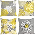4 Couvertures d'oreillers à lancer, BetterJonny Oreillers Daisy modernes Fleurs jaunes et couvertures d'oreillers décoratifs gris pour le salon Canapé Lit Couch 18 x 18 1 cm