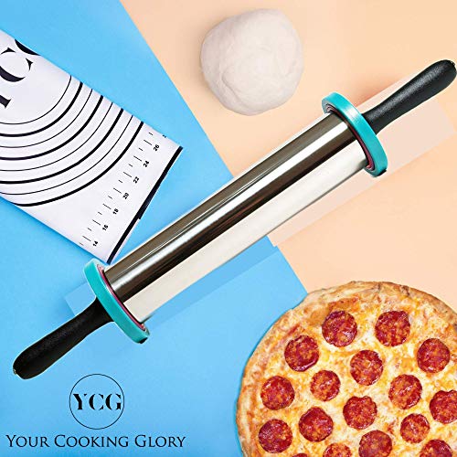 Rolling Pin - Perfect Non-Slip Silicone Baking Pastry Mat - Best Non Stick Stainless Steel Roller With Thickness Rings For Dough, Pizza, Pastry, Pie, Pasta And Cookies - Rolling W/Handles #TOP7