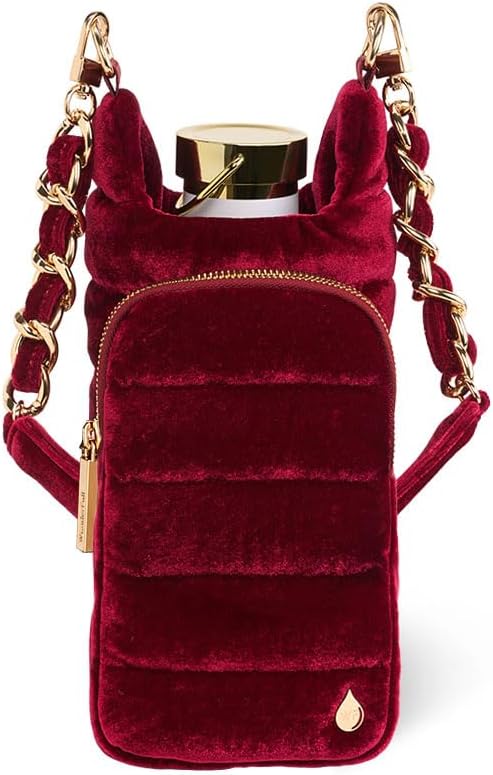 WanderFull® Velvet HydroBag® with Gold Chain Shoulder Strap 32 Oz Water Bottle Carrier w/Phone Pocket