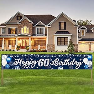 60. Geburtstag Banner, Blau Silber Happy 60th Birthday Banner, Alles Gute zum Geburtstag Banner, 210x40cm Extra Lange…