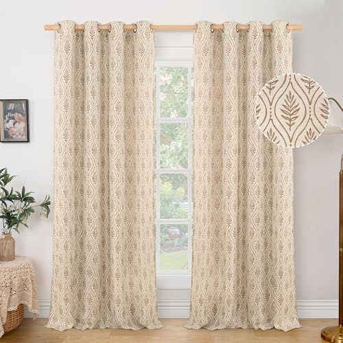 BGment Taupe Boho Leaf Linen Curtains 90 Inch 2 Panels，Farmhouse Decor