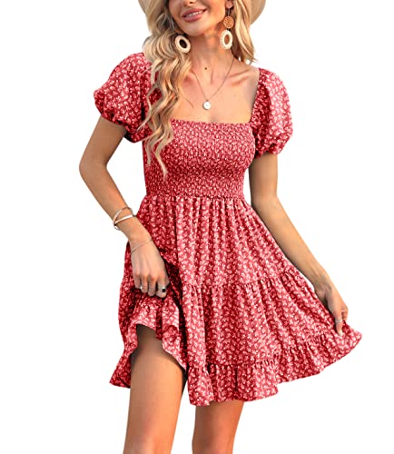 Image of Veatzaer Women's Puff Sleeve Square Neck Smocked Babydoll Dress Boho Floral Print Off Shoulder Ruffle Mini Short Dress