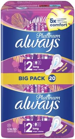 Always Platinum Sanitary Towels with Wings, Size 2, Long, 80 Towels (20 x 4 Packs), SAVING PACK, Odour Neutraliser, 5x Comfort