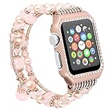 Apple Watch Band 38mm with Rose Gold Metal Case,Elastic Handmade Natural Stone Beaded Bracelet Jewelry WristBand Strap Glittering Rhinestone Watch Cover Protector for iWatch Series 3,2,1 Sport Edition