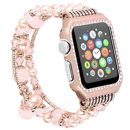 Ritastar for Apple Watch Band Bracelet with Case 38mm Women Jewelry Elastic Luxury Beaded Charm for iWatch Wristband Strap Series 3/2/1/Sport Edition Pink