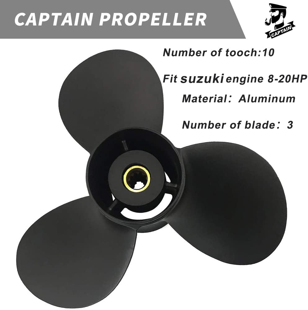 Boatman Outboard Engine Propeller fit Suzuki 8-20HP Aluminium Boat Prop,10 Spline Tooth 3 Blade,RH（9 1/4x7，9 1/4x8，9 1/4x9，9 1/4x10，9 1/4x11，9 1/4x12）