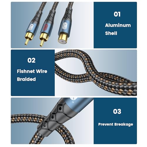 Image of EMK RCA Splitter 2 Male to Female Extension Cable Dual Shielding Gold Plated Nylon Braided RCA Splitter 1 Female to 2 Male Cord Adapter 1ft /30CM
