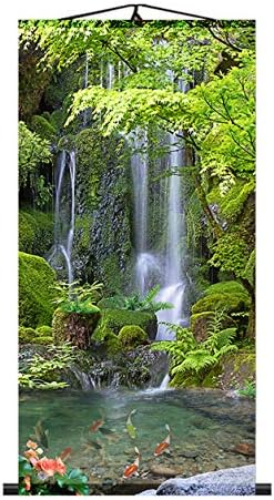 Zzooi Chinese Lucky Fengshui Painting Waterfall Golden Carps Wall Art Hanging Silk Painting Scroll,Feng Shui Decor