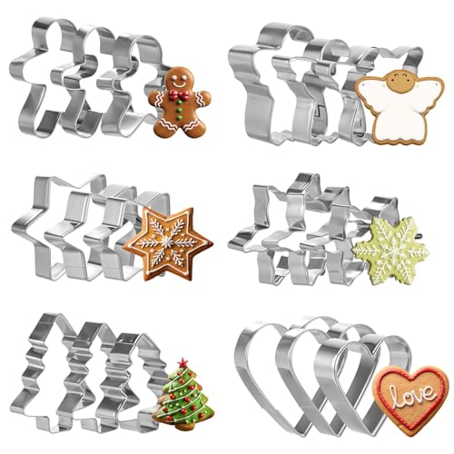 18Pcs Christmas Cookie Cutter Set - Various Sizes Stainless Steel Christmas Cookie Molds Christmas Biscuit Cutters - Gingerbread Man Snowflake, Christmas Tree, Heart, Star, Angel